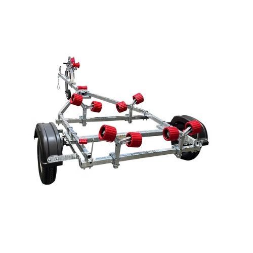 Boat trailer with blue rollers and wheels, isolated on white.