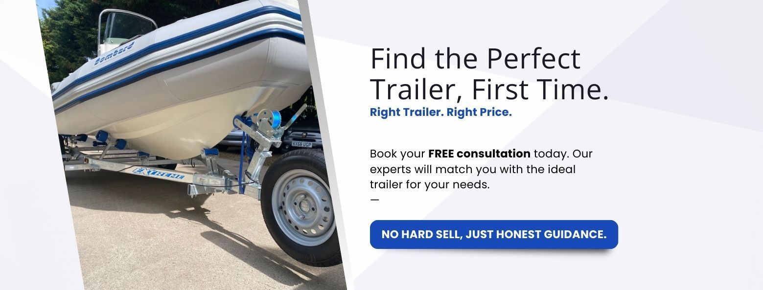 Boat on trailer, blue accents. Text: Find the perfect trailer, first time. Call to action, Free Series Today.