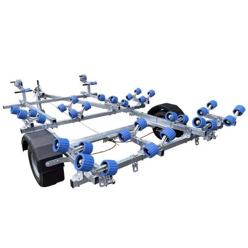 Boat trailer with blue rollers and gray frame.