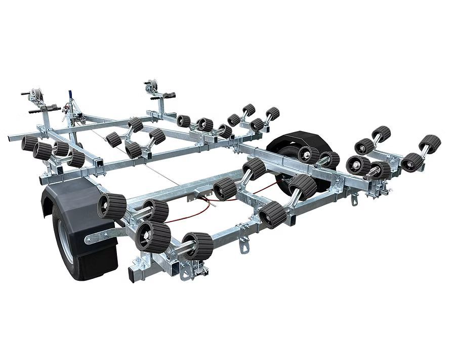 Boat trailer with blue rollers, gray metal frame, and black tire.