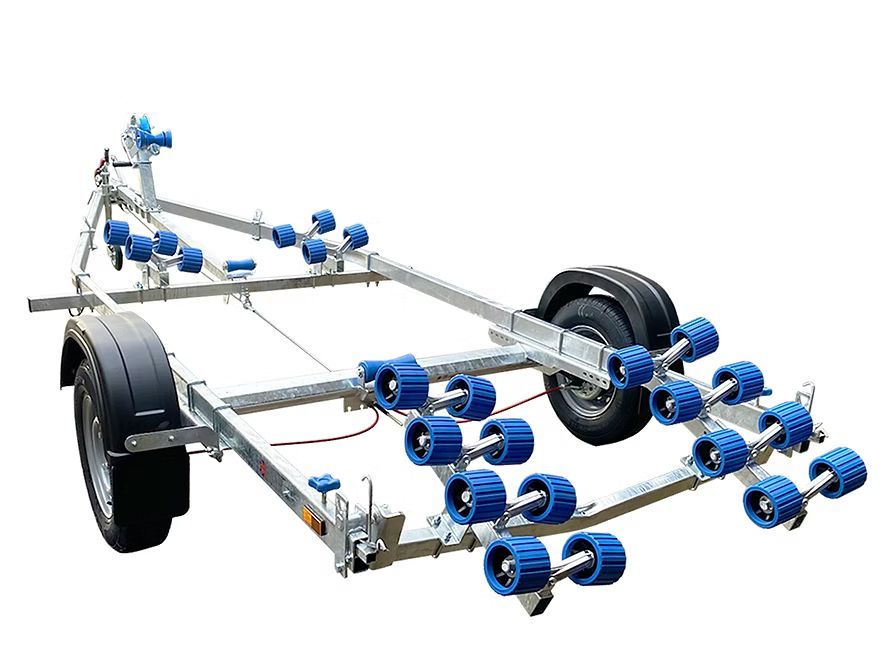 Boat trailer with multiple rollers on a white background.