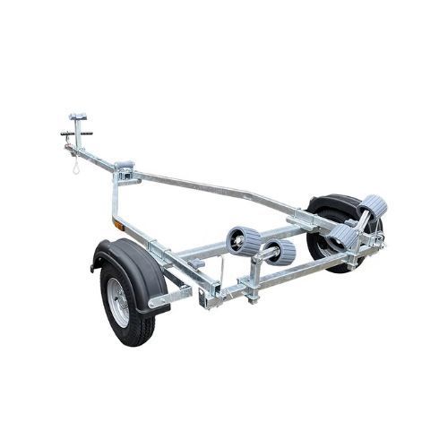 Boat trailer with blue rollers and fenders, angled on white background.