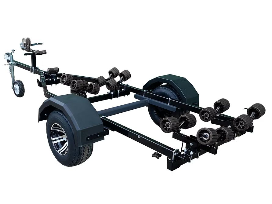 Black boat trailer with blue rollers and wheels, on a white background.