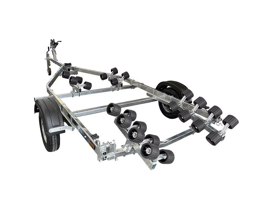 Boat trailer with blue rollers.