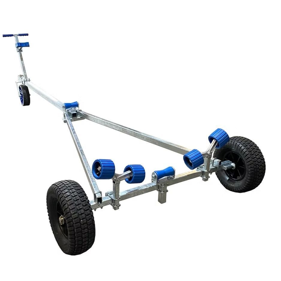 Boat dolly with blue rollers, large tires, and a silver frame for transporting small watercraft.