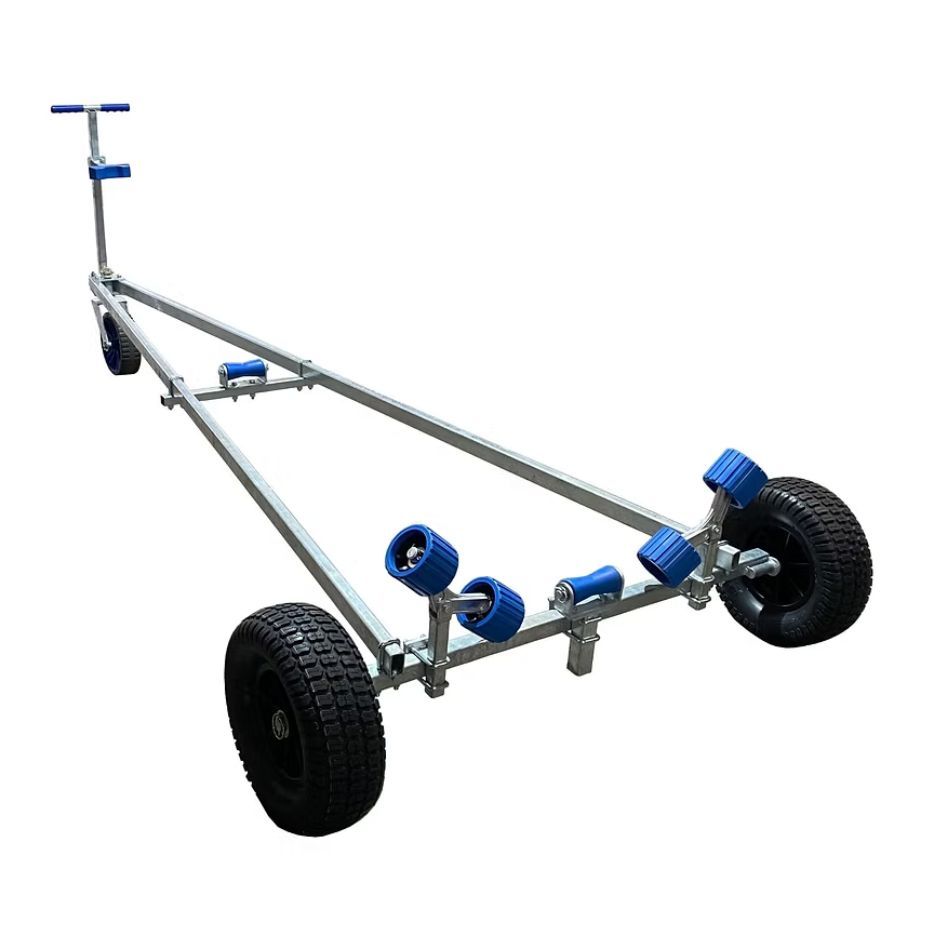 Boat trailer with blue rollers and black tires, handle at front.