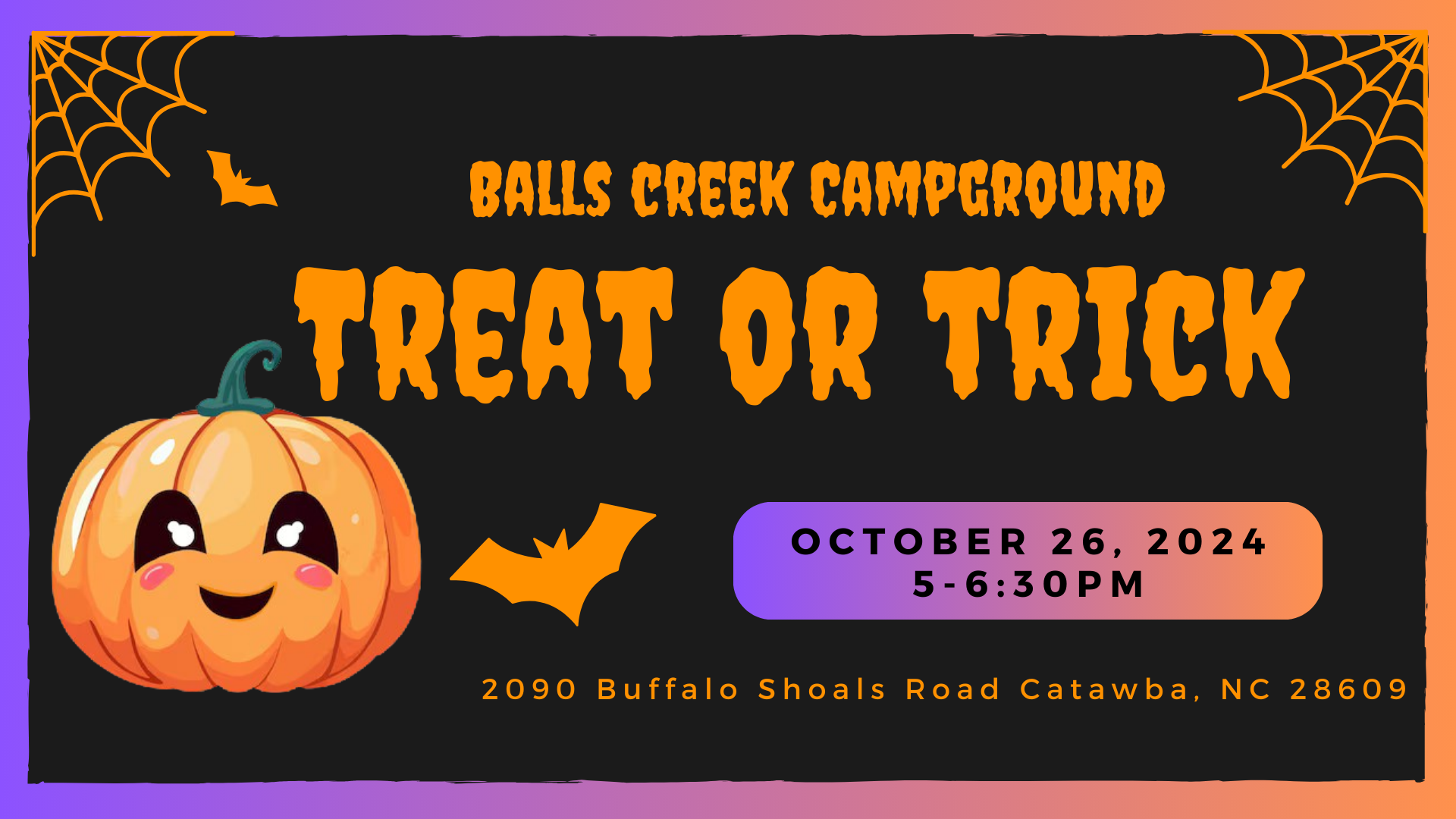 Halloween event poster for Balls Creek Campground, featuring a jack-o’-lantern and trick-or-treat details in orange and purple