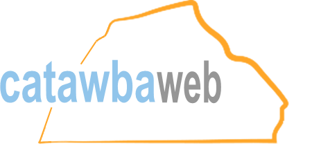 Catawbaweb logo in blue and orange with an outline of North Carolina