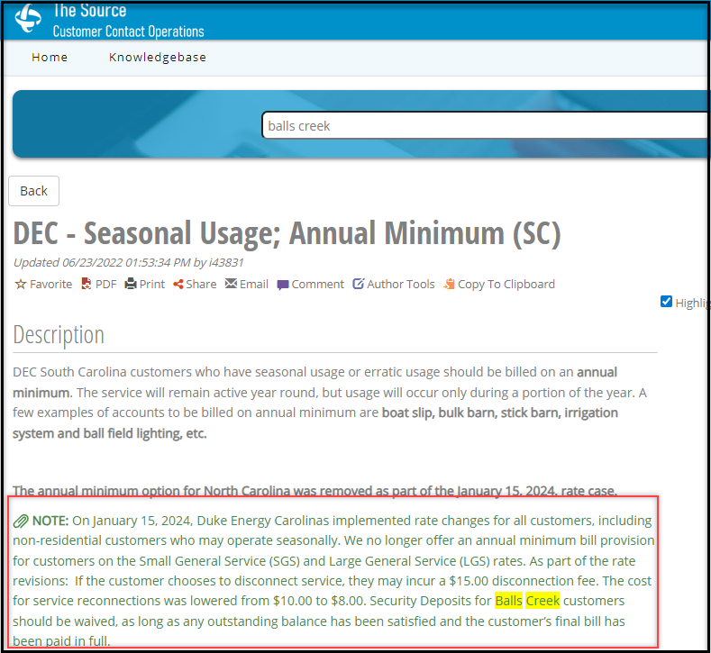 Webpage showing “DEC - Seasonal Usage; Annual Minimum (SC)” on the ISC/SCADA Customer Data Browser site