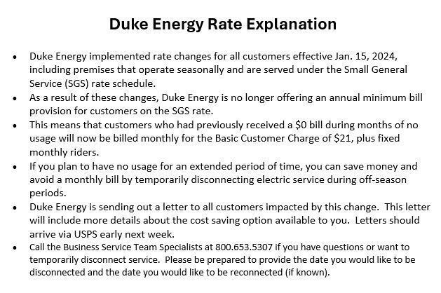 Duke Energy Rate Explanation flyer with bullet points on changes to customer bills and rate adjustments