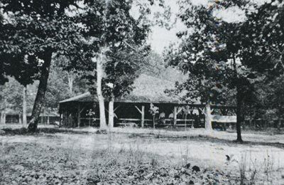 Black-and-white view of a small pavilion or cabin among tall trees in a wooded area.