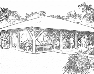 Sketch of a pavilion with people seated inside, surrounded by trees and foliage.