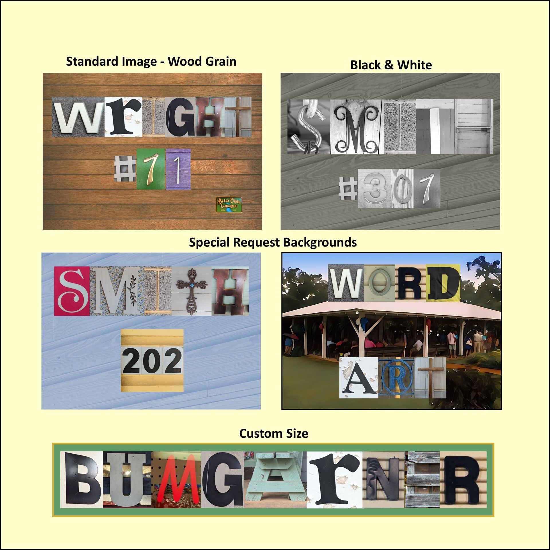 Collage of custom wooden word signs in various styles, colors, and backgrounds, including black-and-white and beach scenes
