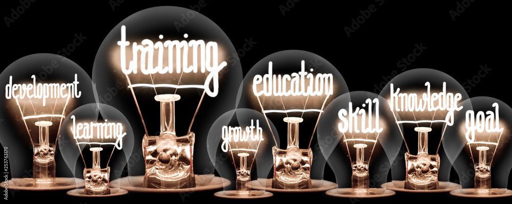 lightbulbs with training words in them lit up