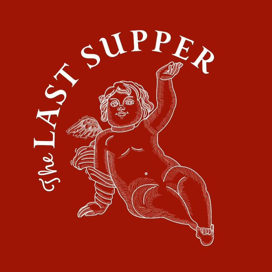 A logo for the last supper with an angel on a red background