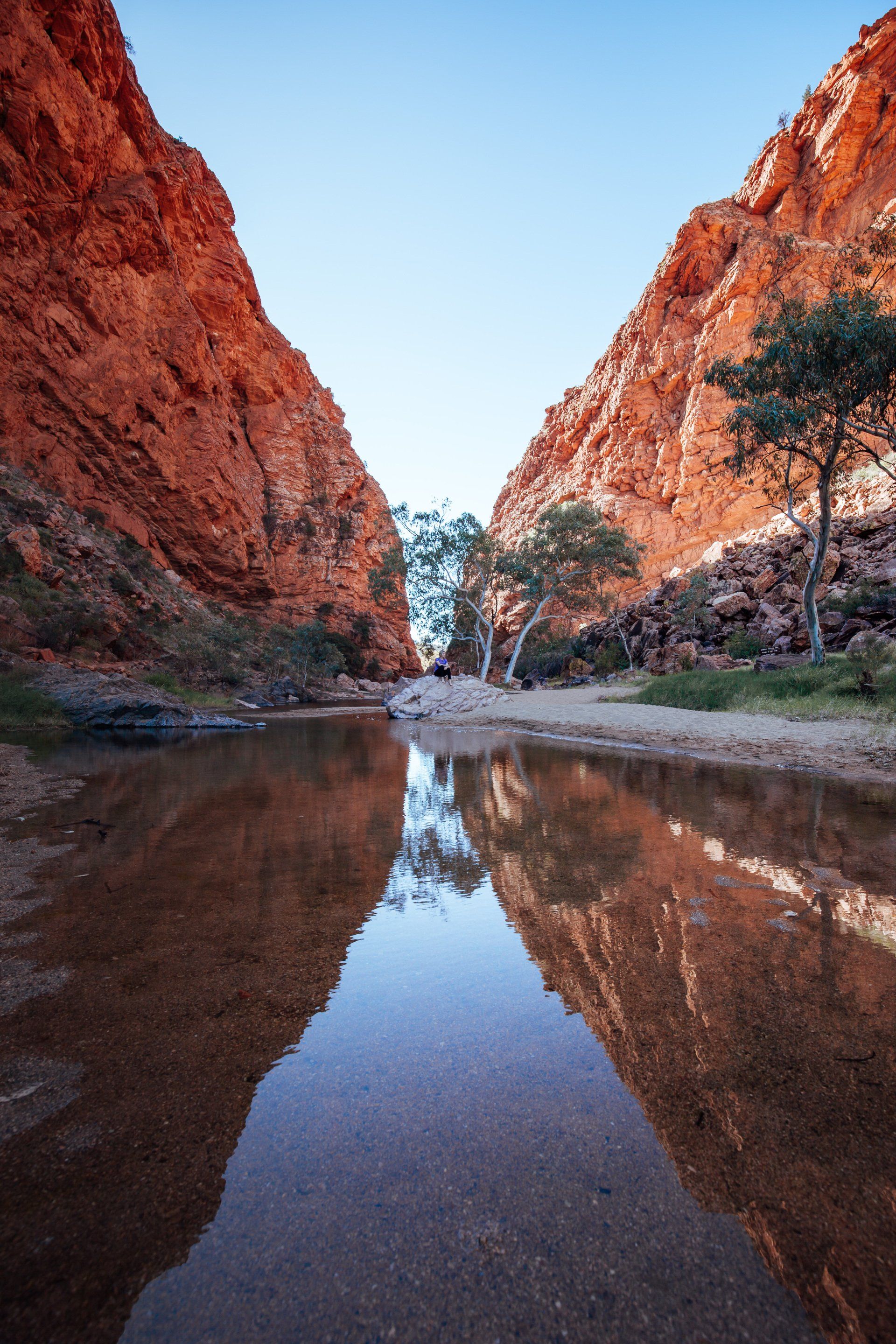 There is a river in the middle of a canyon with trees reflected in the water.