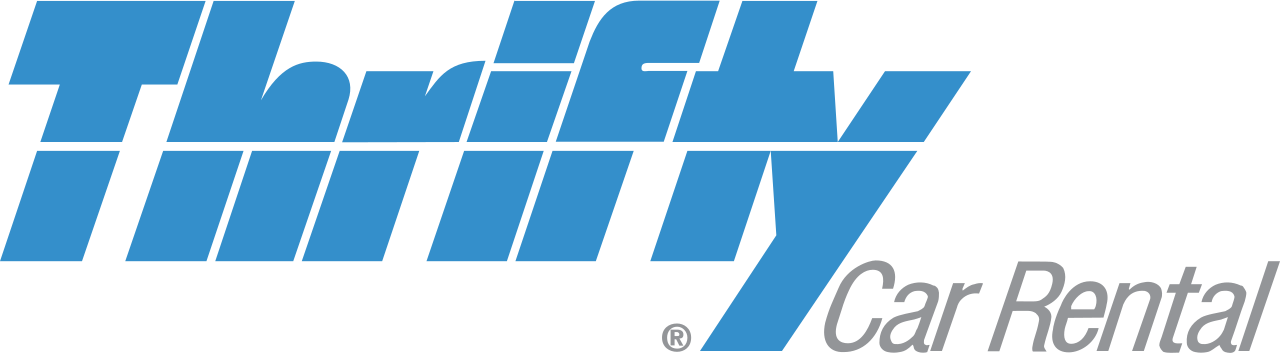 A blue and white logo for thrifty car rental