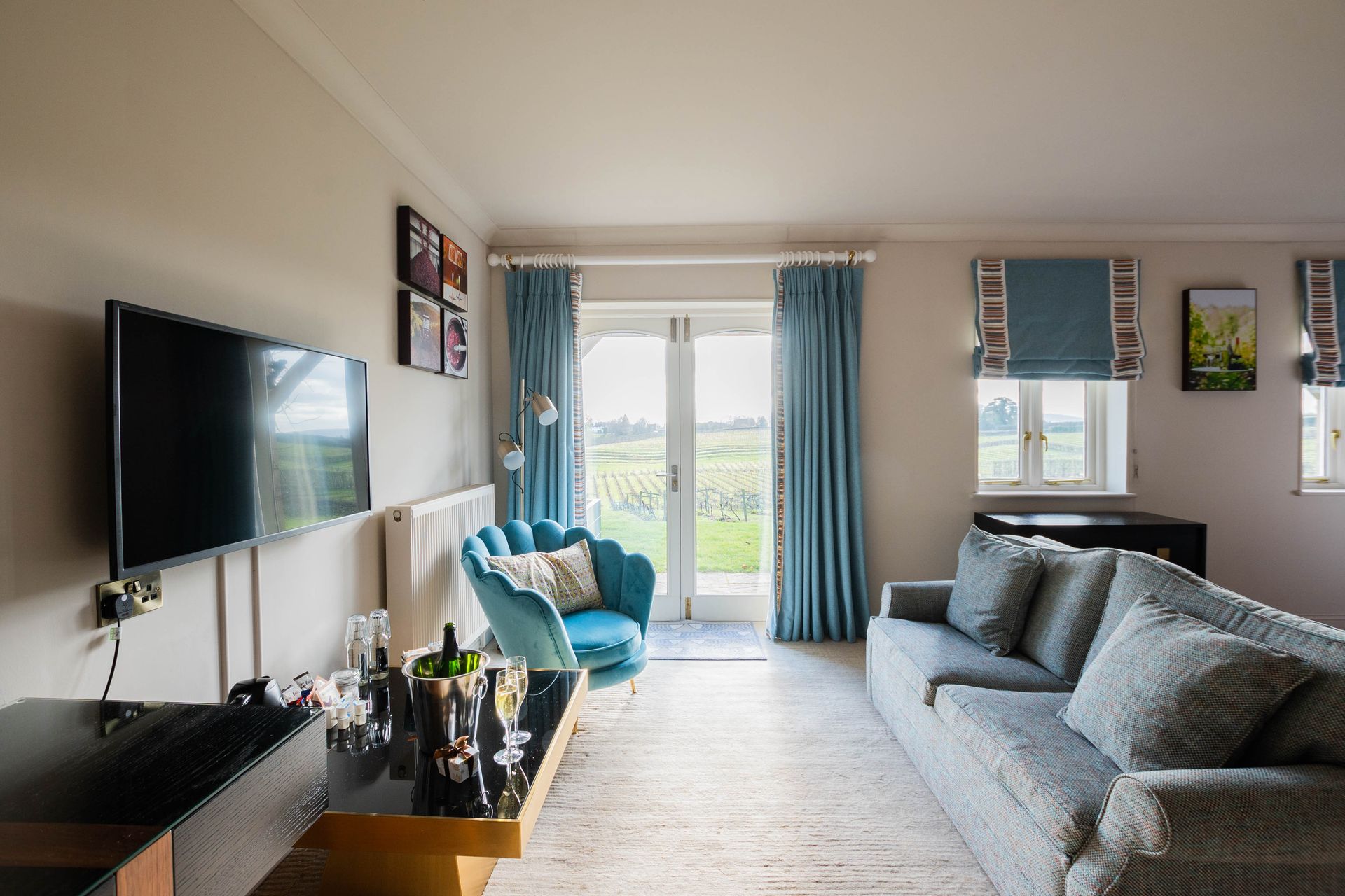 Living room with teal accents, featuring a sofa, armchair, TV, and doors opening to a green field.