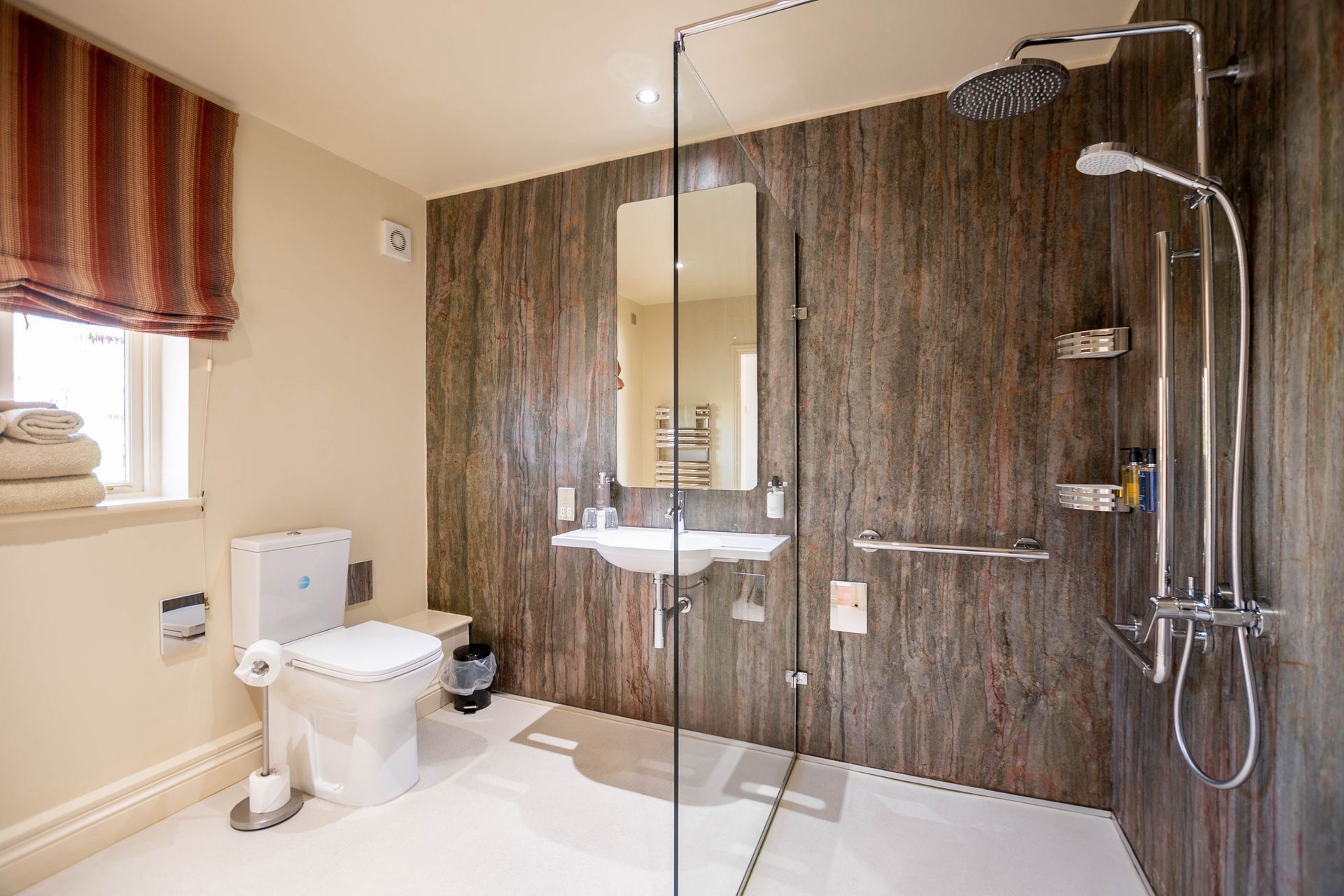 Accessible bathroom with a walk-in shower, toilet, and sink. Dark brown accent wall, white floor, and handrails indicate accessibility features.