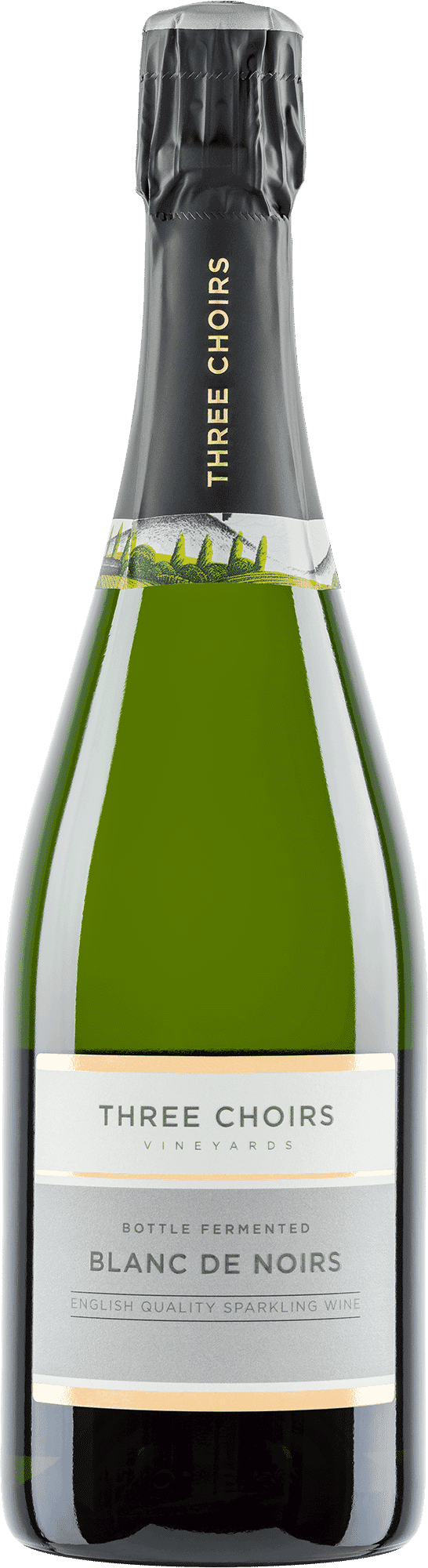Bottle of sparkling wine with a white label, green body, and dark cap.