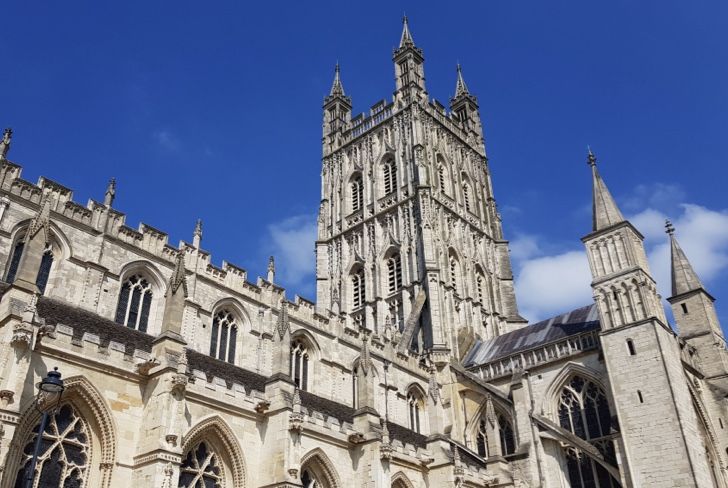 a large cathedral with a blue sky in the background