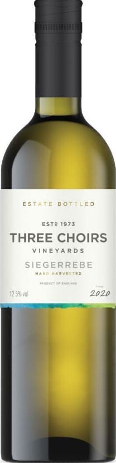 Bottle of Three Choirs Siegerrrebe white wine with a white label and black top, set against a gray background.