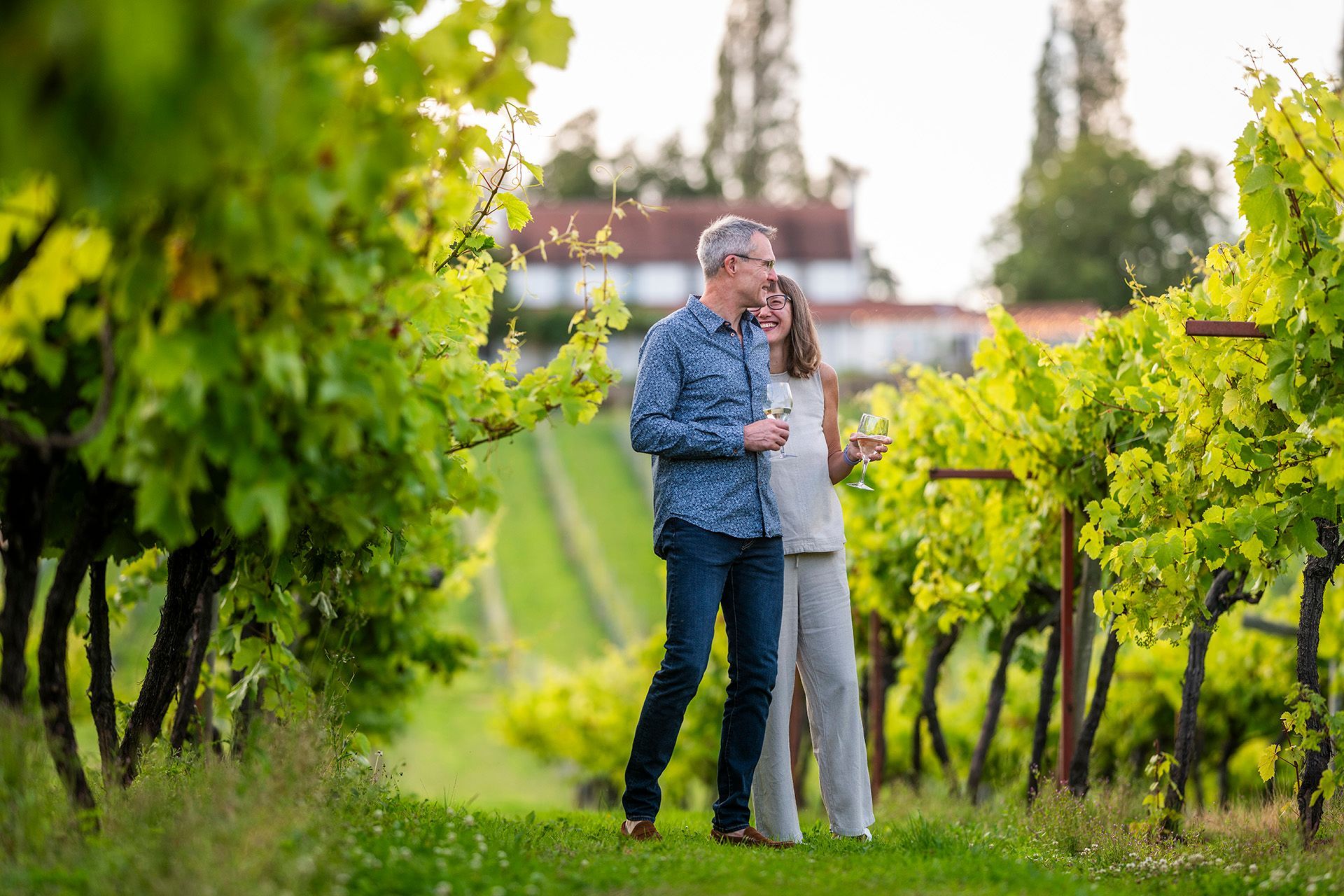 A man and a woman are standing in a vineyard holding wine glasses.