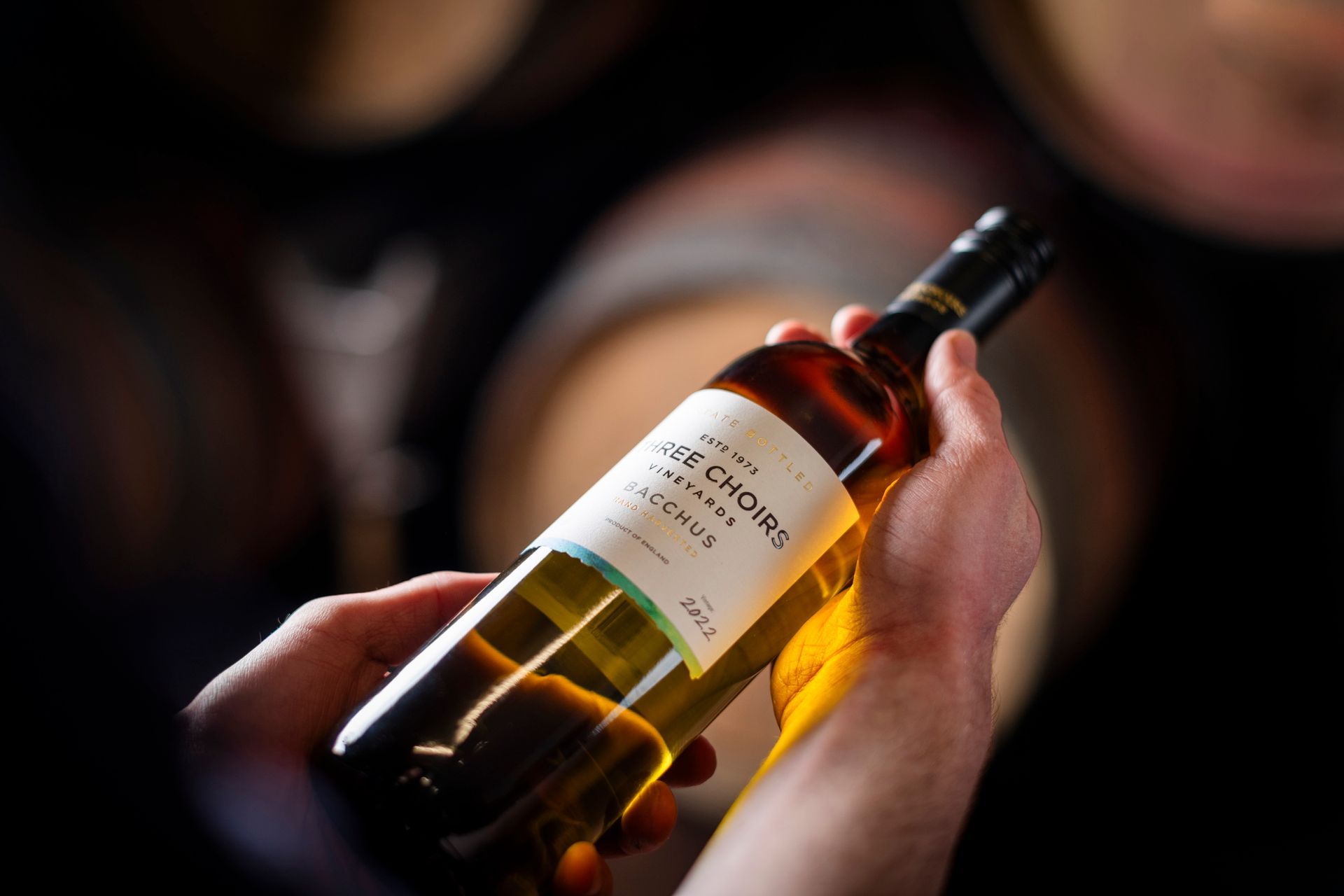 Person holding a bottle of white wine, label facing the camera. Wine bottle illuminated, set in a cellar with blurred wooden barrels.