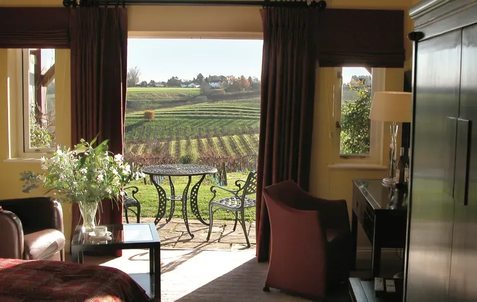 a hotel room with a view of a vineyard