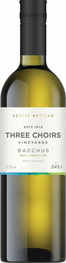 Bottle of Three Choirs Macchus white wine. The label is white with black text and a teal and yellow base.