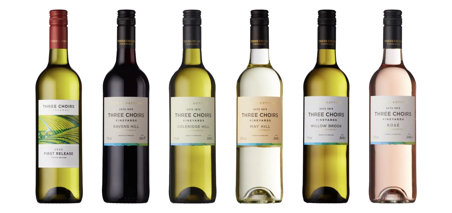 six bottles of wine are lined up in a row