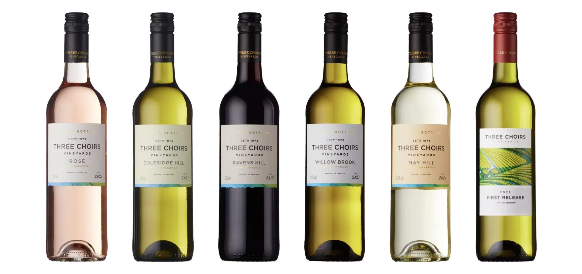 six bottles of wine are lined up in a row