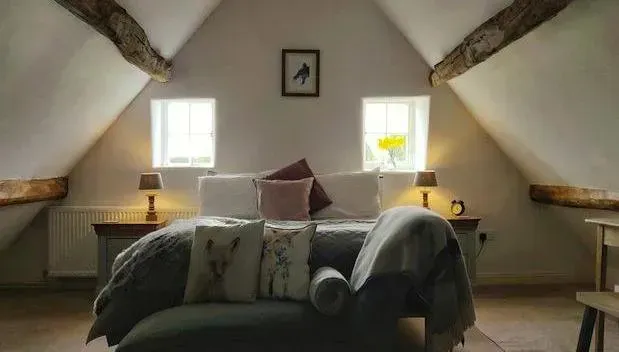 a bedroom with a bed and a couch in the attic