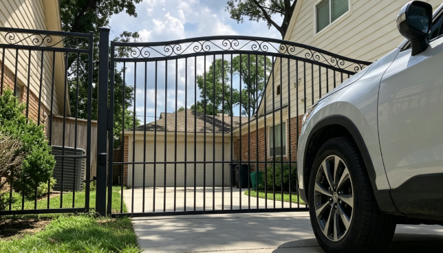 Professional technician servicing a residential driveway gate to improve smooth operation.
