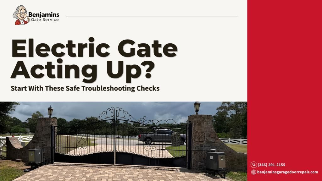  Electric gate troubleshooting checklist covering power, remote, keypad, gate path, safety checks.