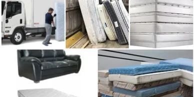 A collage of pictures of mattresses , a couch , and a truck.