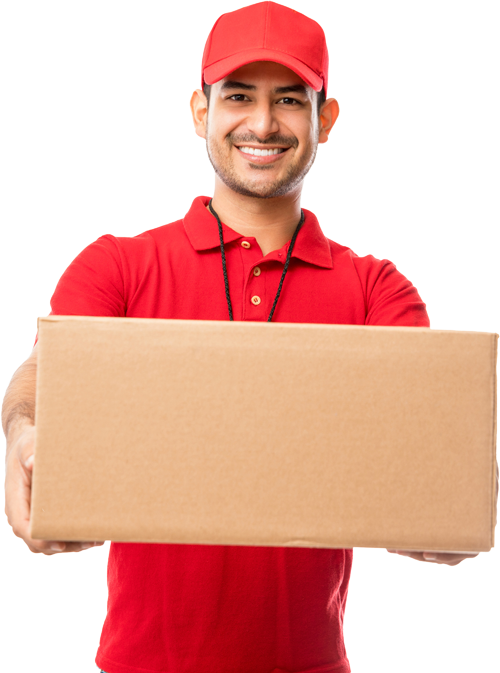 A delivery man in a red shirt and hat is holding a cardboard box. A delivery man in a red shirt and hat is holding a cardboard box.