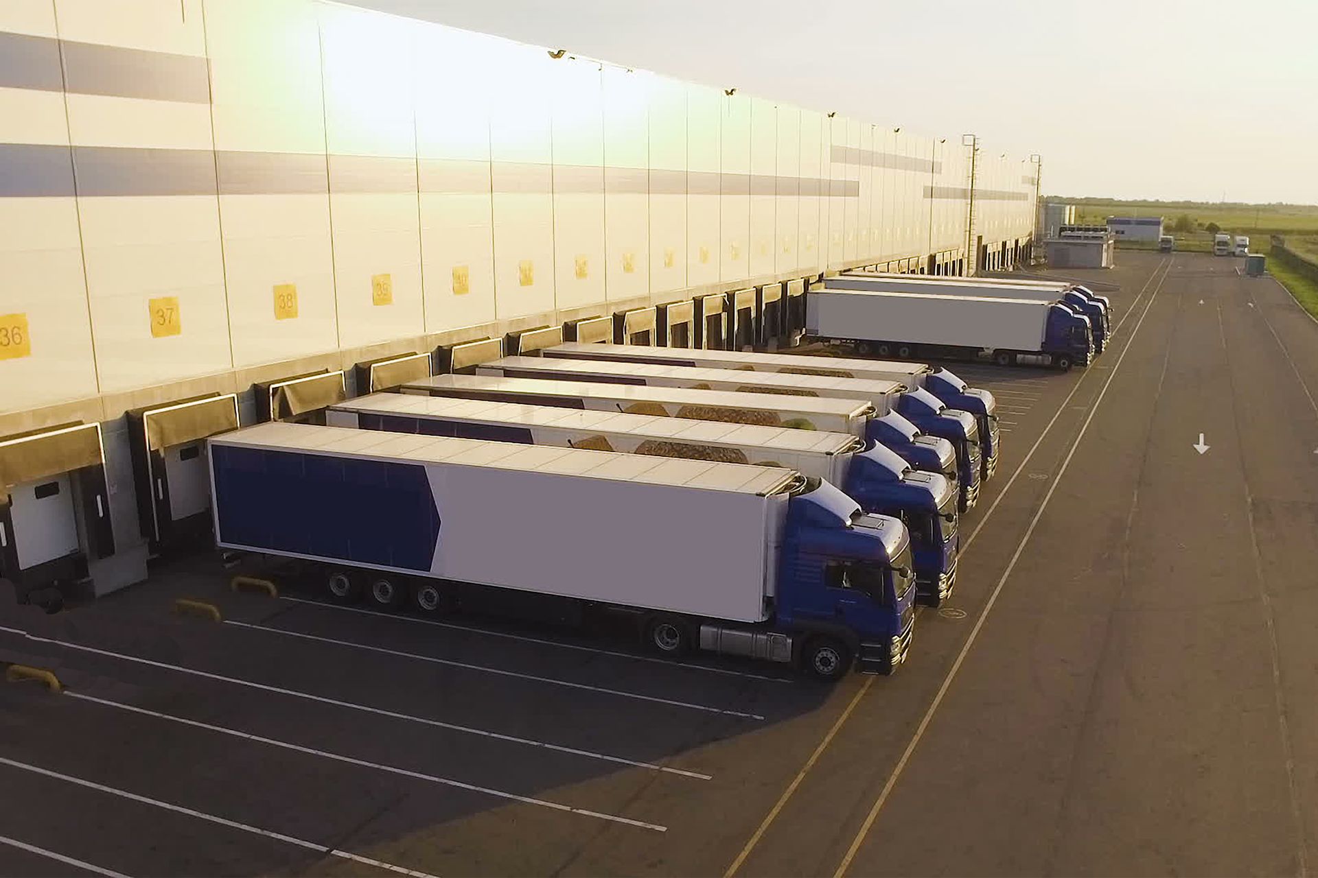 A row of semi trucks are parked in front of a warehouse.