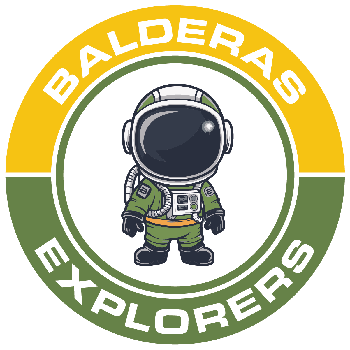 Circular logo: cartoon astronaut in olive green suit, with text 