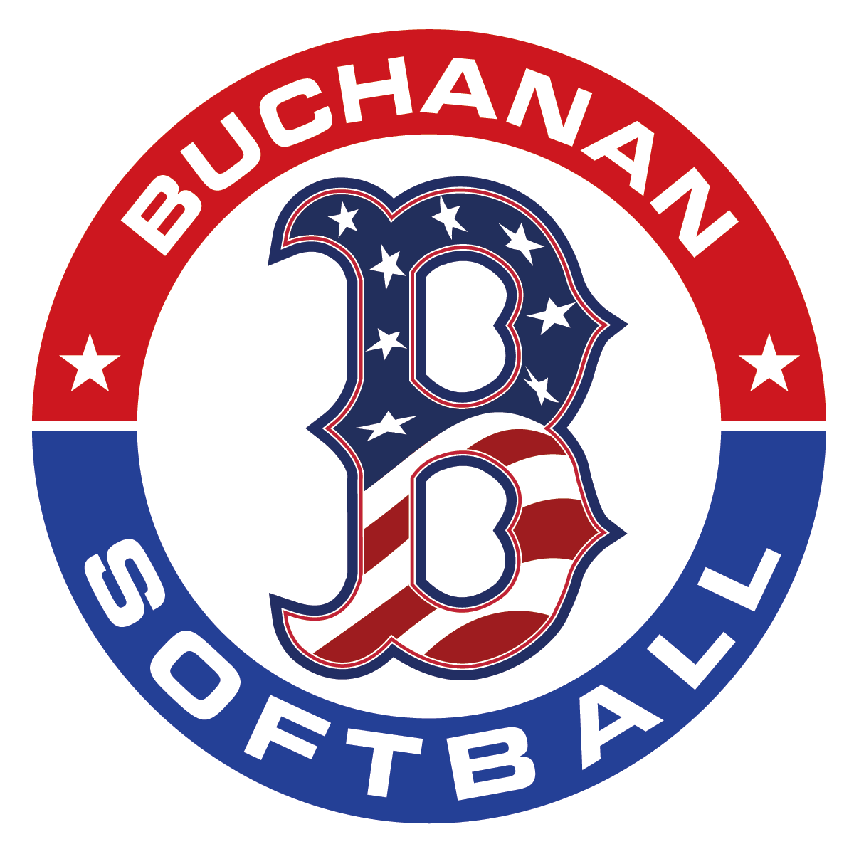 Buchanan Softball logo: red, white, and blue design with a stylized 