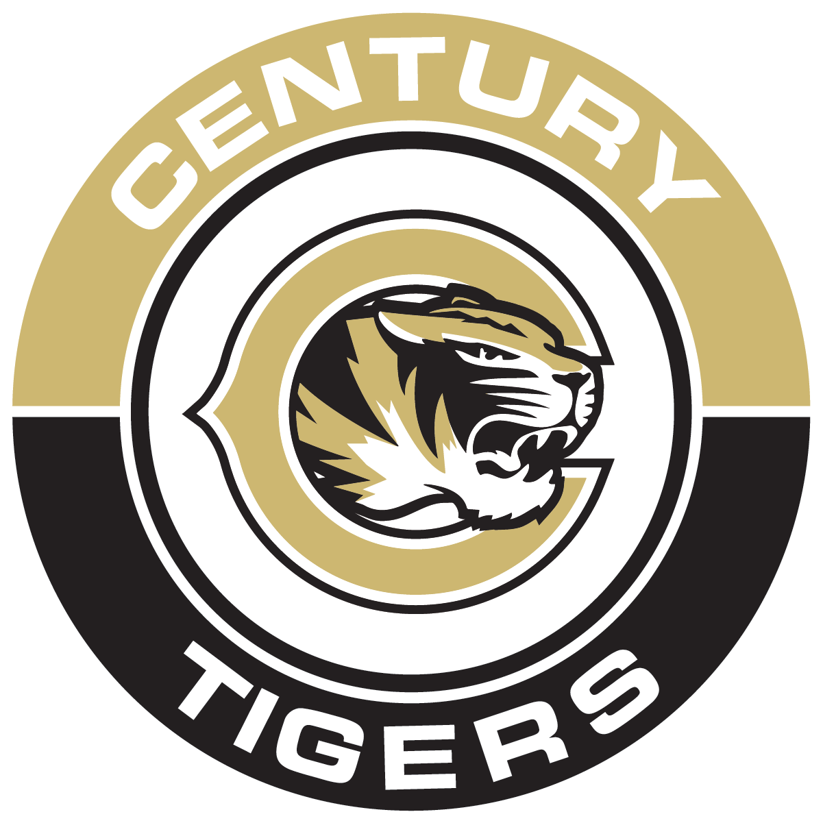 Century Tigers logo, gold and black. Tiger head inside a 