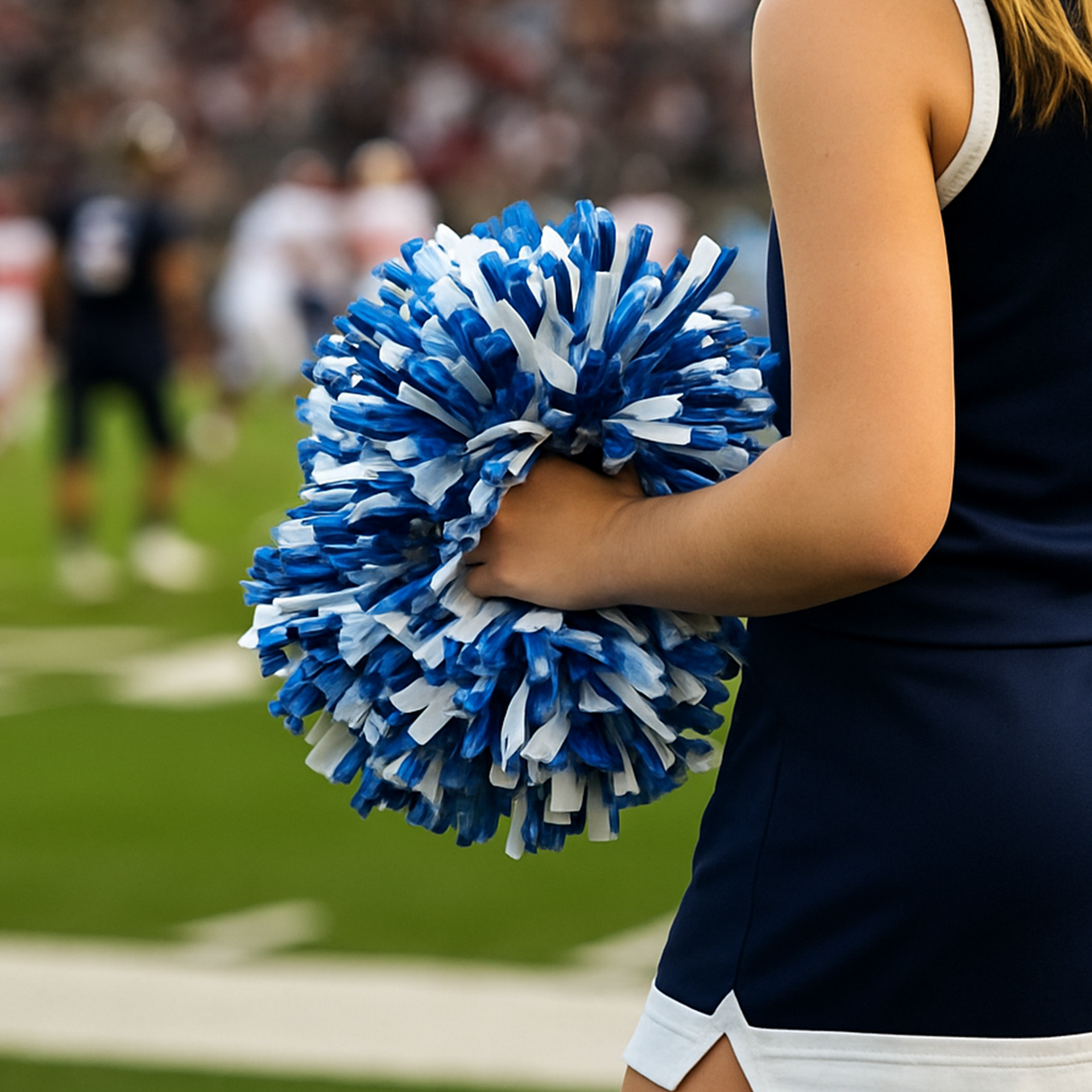 Cheerleader in navy uniform holding blue and white pom-poms on a football field.