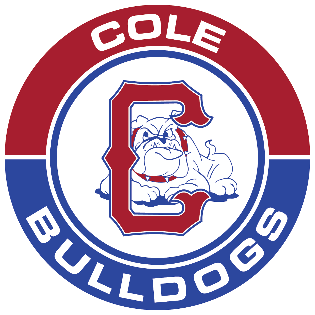 Cole Bulldogs logo: red/blue circle with bulldog inside 
