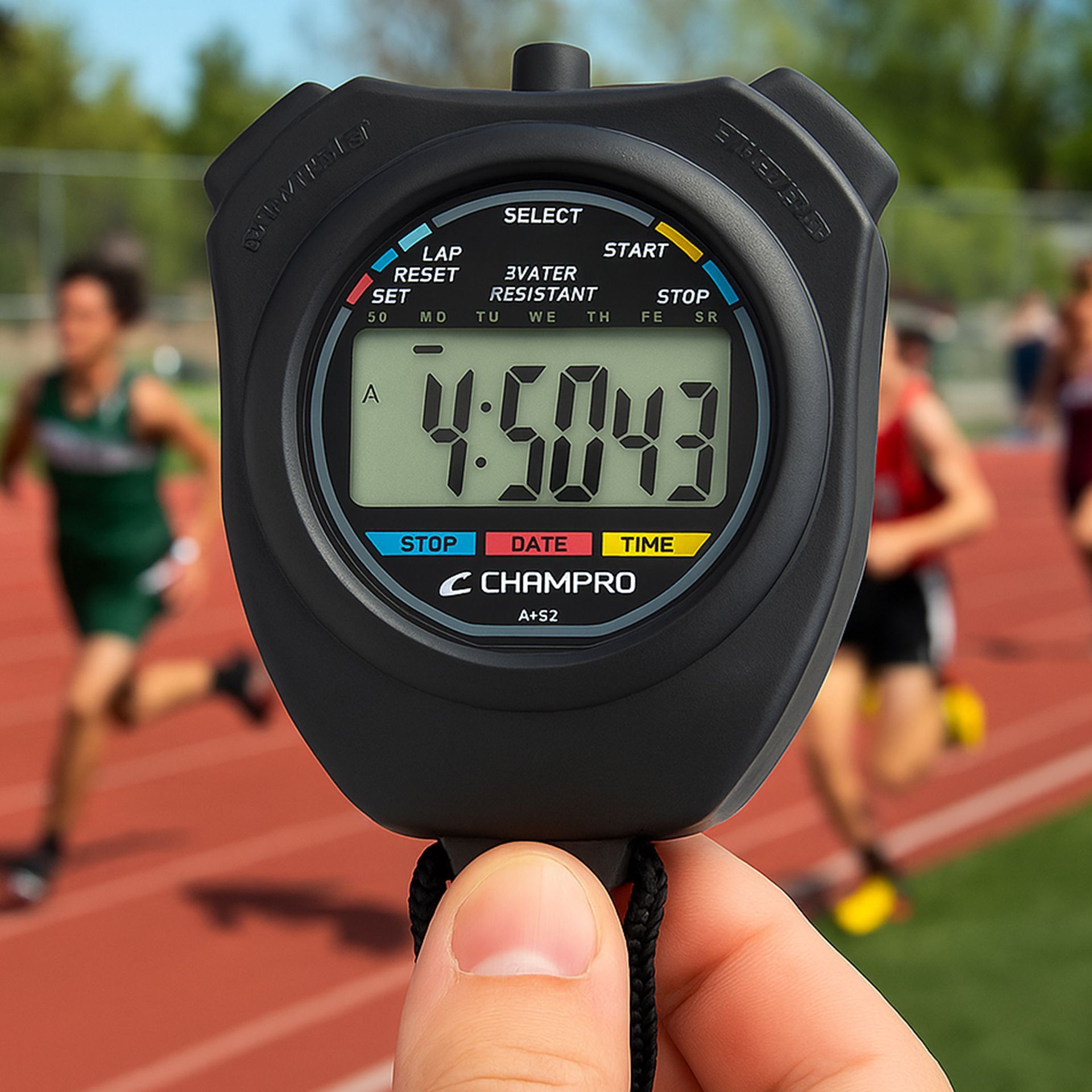 Hand holding a black stopwatch, displaying time 4:50.43, with runners blurred in the background on a track.