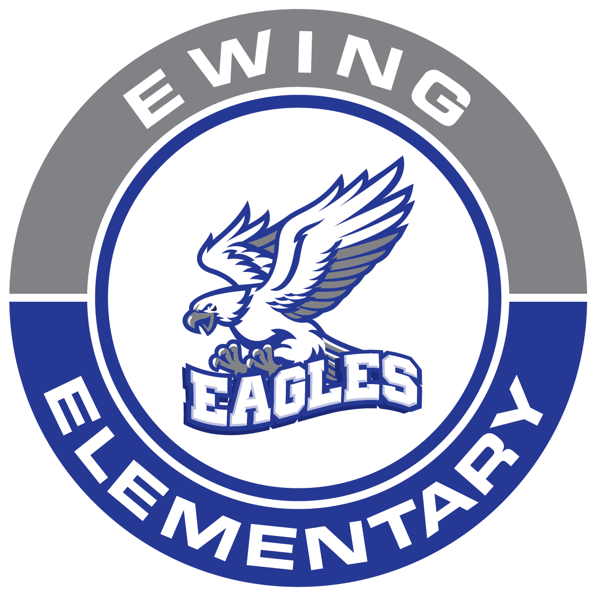 Ewing Elementary school logo: Blue and gray circle with eagle, 