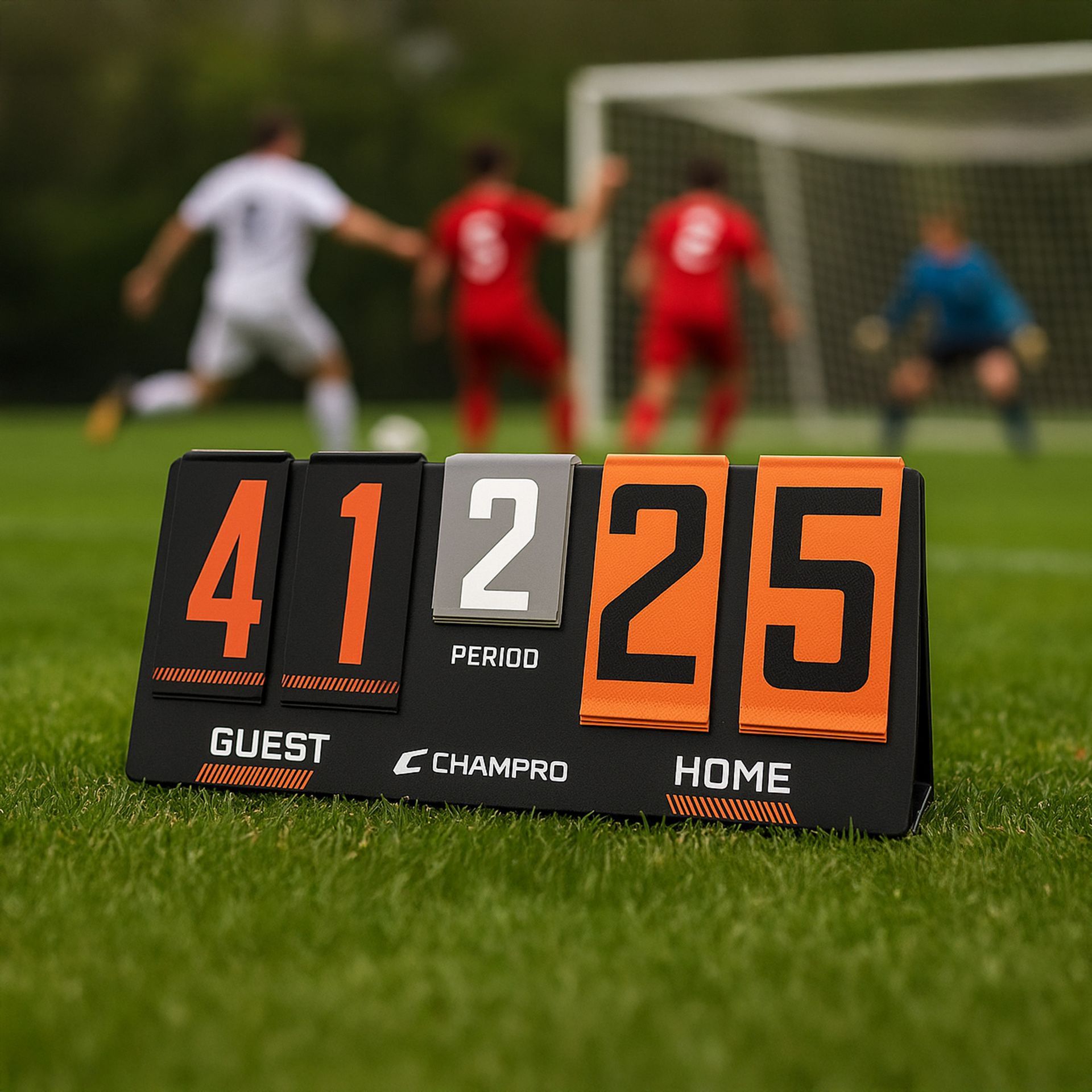 Scoreboard showing Guest 4, Home 25, during a soccer game. Soccer players and goal in background.