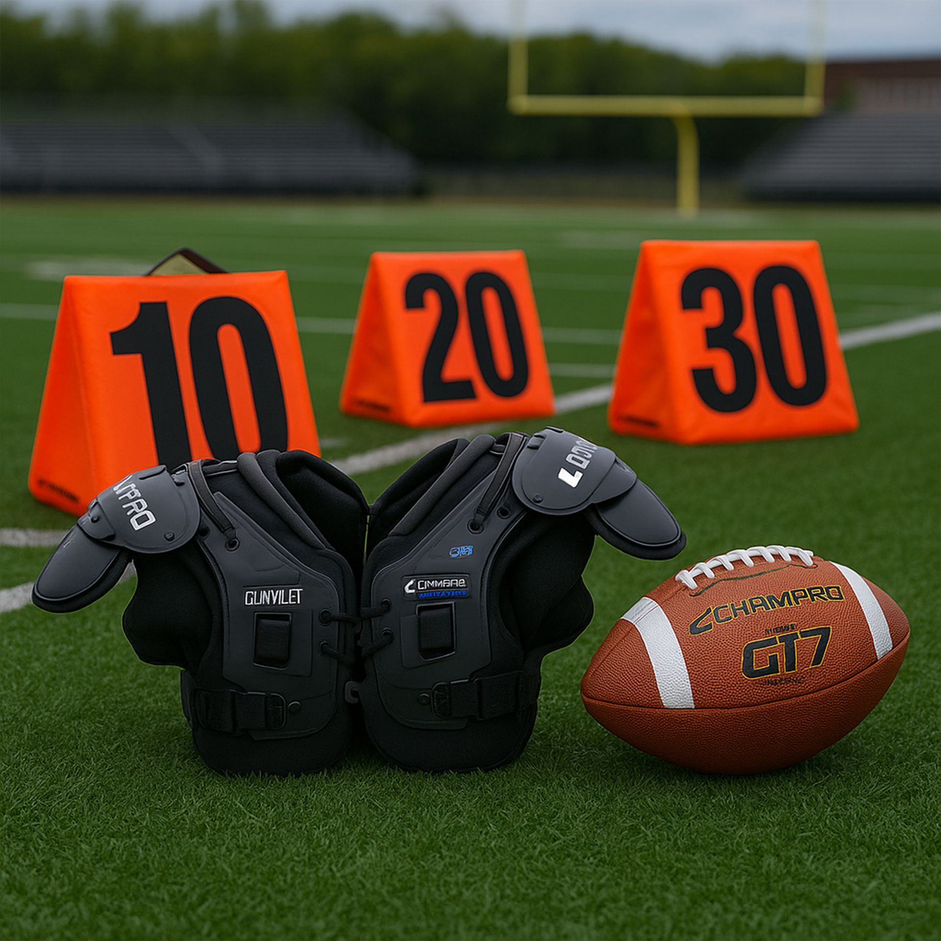 Football gear: shoulder pads and ball on a football field with yard markers in the background.