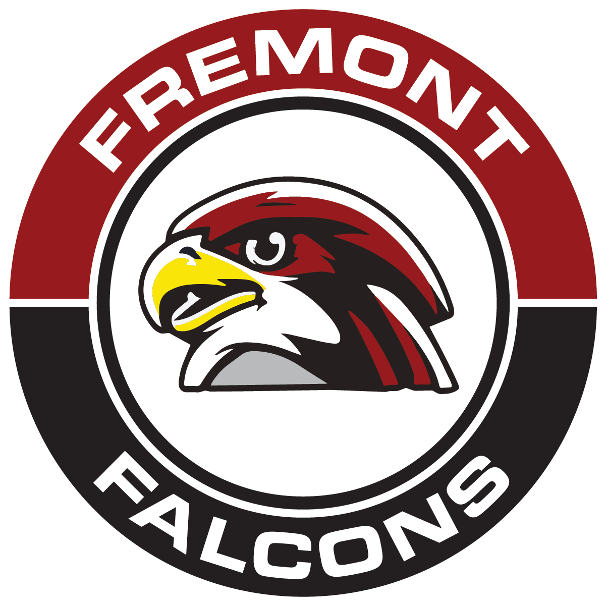 Fremont Falcons logo: falcon head within a circular emblem, maroon and black colors, 