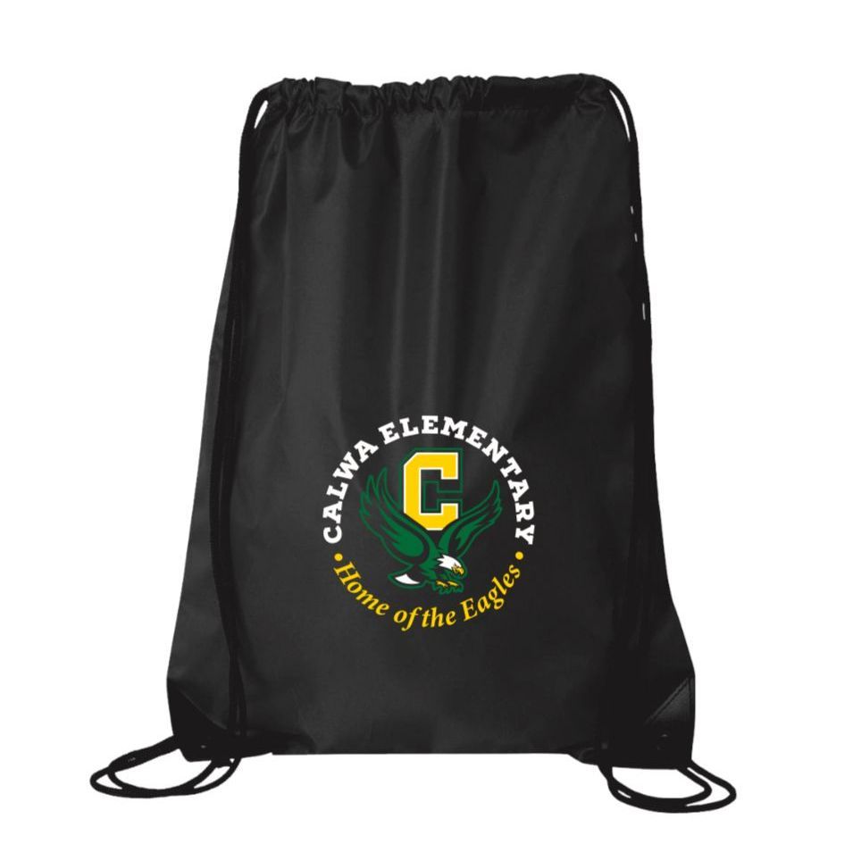 Black drawstring bag with Calwa Elementary school logo.