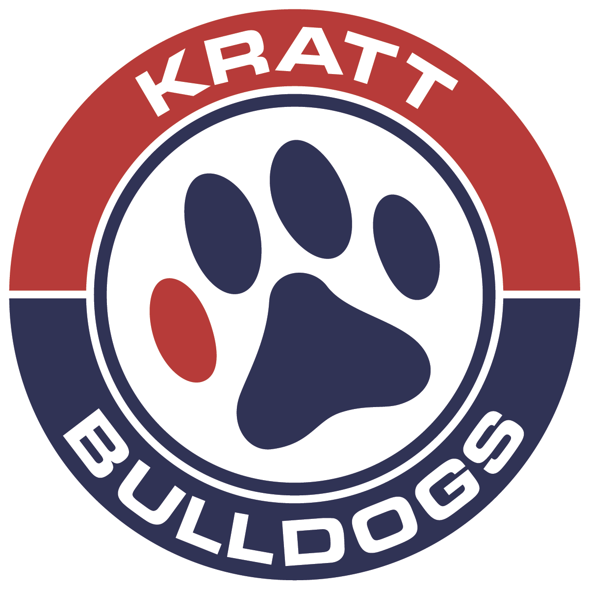 Kratt Bulldogs logo: red and blue ring around a white circle with a blue bulldog paw print.